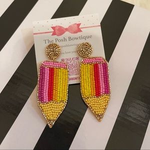 Pencil Bright Yellow & Pink Seed Beaded Teacher Statement Earrings
